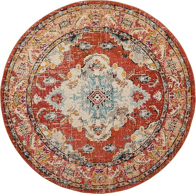 SAFAVIEH Monaco Collection Area Rug - 6'7" Round, Orange & Light Blue, Boho Chic Medallion Distressed Design, Non-Shedding & Easy Care, Ideal for High Traffic Areas in Living Room, Bedroom (MNC243H)