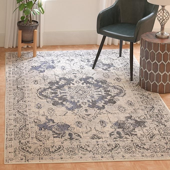 SAFAVIEH Monaco Collection Area Rug - 9' x 12', Ivory & Grey, Boho Chic Medallion Distressed Design, Non-Shedding & Easy Care, Ideal for High Traffic Areas in Living Room, Bedroom (MNC243B)
