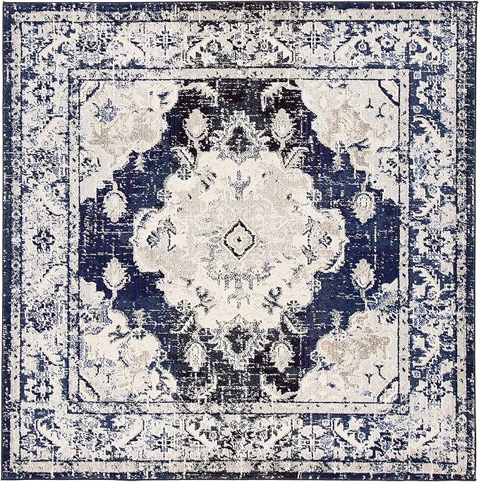 SAFAVIEH Monaco Collection Area Rug - 6'7" Square, Ivory & Navy, Boho Chic Medallion Distressed Design, Non-Shedding & Easy Care, Ideal for High Traffic Areas in Living Room, Bedroom (MNC243C)
