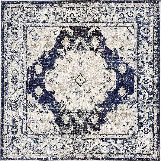 SAFAVIEH Monaco Collection Area Rug - 6'7" Square, Ivory & Navy, Boho Chic Medallion Distressed Design, Non-Shedding & Easy Care, Ideal for High Traffic Areas in Living Room, Bedroom (MNC243C)