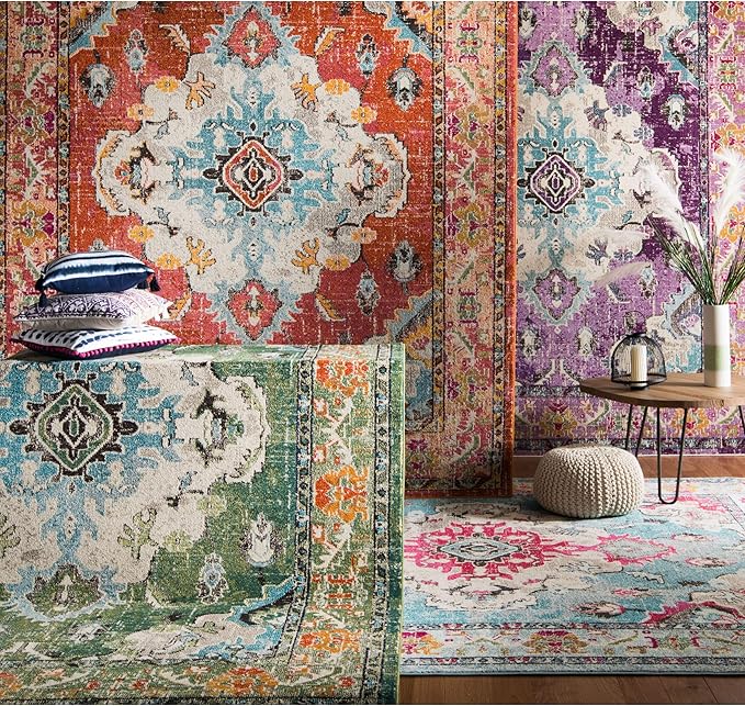 SAFAVIEH Monaco Collection Accent Rug - 4' x 5'7", Orange & Light Blue, Medallion Distressed Design, Non-Shedding & Easy Care, Ideal for High Traffic Areas in Entryway, Living Room, Bedroom (MNC243H)