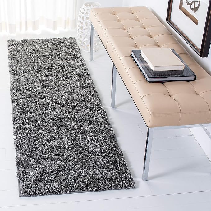 SAFAVIEH Florida Shag Collection Runner Rug - 2'3" x 17', Grey, Scroll Design, Non-Shedding & Easy Care, 1.2-inch Thick Ideal for High Traffic Areas in Living Room, Bedroom (SG455-8013)
