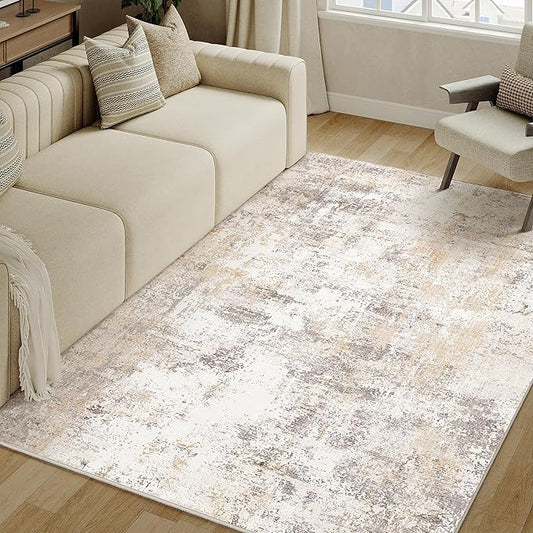 4x6 Washable Area Rug Beige Grey Neutral Abstract Entryway Kitchen Non Slip Low Pile Throw Rug Living Room Bedroom Indoor Doormat Soft Carpet for Entrance Bathroom Office