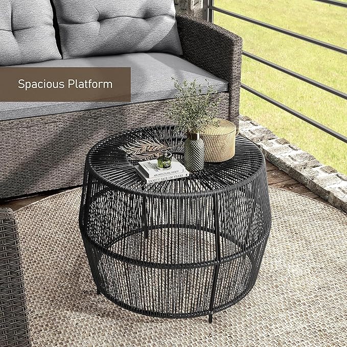Muse & Lounge Co. Ysar Boho Rattan Round Coffee Table Outdoor with Metal Frame, All-Weather and Rust Resistant, Handcrafted Coastal Furniture for Patio, Poolside, Garden, Yard, Black
