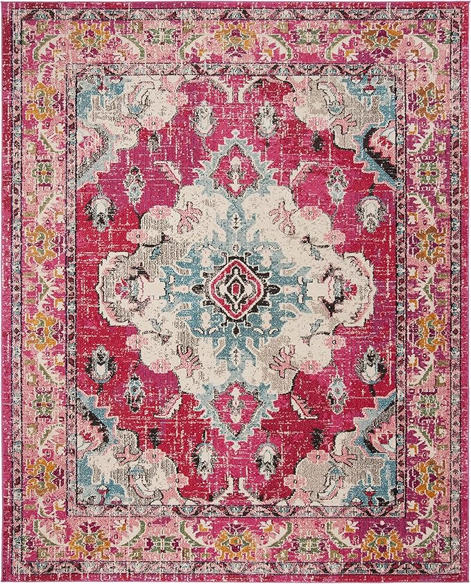 SAFAVIEH Monaco Collection X-Large Area Rug - 11' x 15', Pink & Multi, Boho Chic Medallion Distressed Design, Non-Shedding & Easy Care, Ideal for High Traffic Areas in Living Room, Bedroom (MNC243D)
