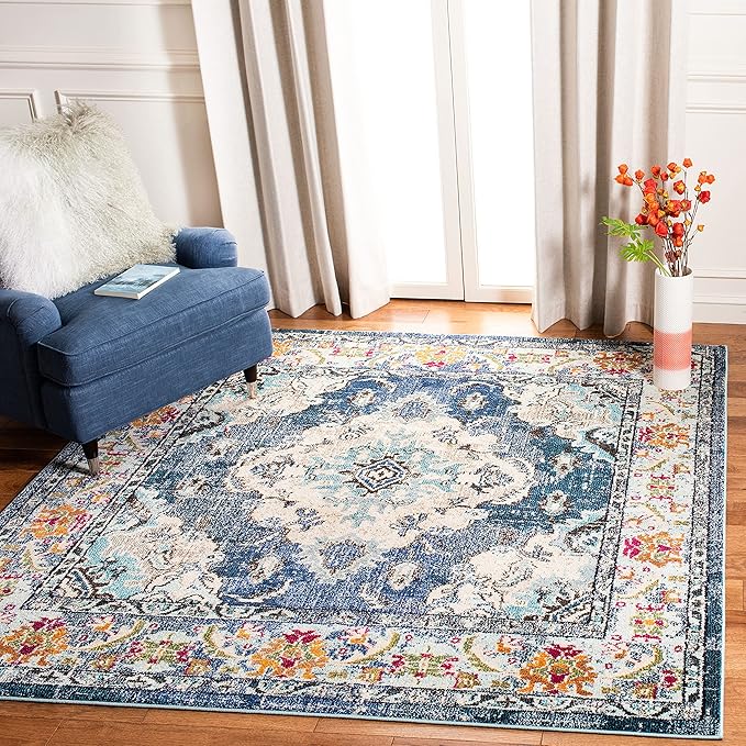 SAFAVIEH Monaco Collection Area Rug - 8'8" Square, Navy & Light Blue, Boho Chic Medallion Distressed Design, Non-Shedding & Easy Care, Ideal for High Traffic Areas in Living Room, Bedroom (MNC243N)