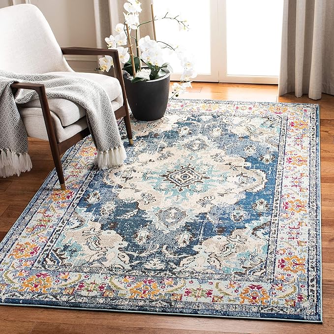SAFAVIEH Monaco Collection Accent Rug - 4' x 5'7", Navy & Light Blue, Medallion Distressed Design, Non-Shedding & Easy Care, Ideal for High Traffic Areas in Entryway, Living Room, Bedroom (MNC243N)