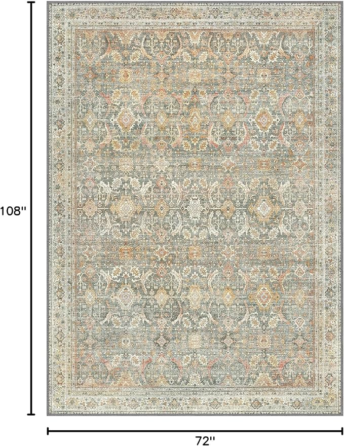6X9 Area Rugs Machine Washable Rugs for Living Room, Vintage Boho Large Rugs for Bedroom Dining Room, Non Slip Indoor Soft Distressed Lightweight Thin Low Pile Carpet, Turmeric