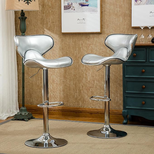 Roundhill Furniture Masaccio Cushioned Leatherette Upholstery Airlift Adjustable Swivel Barstool with Chrome Base, Set of 2, Silver