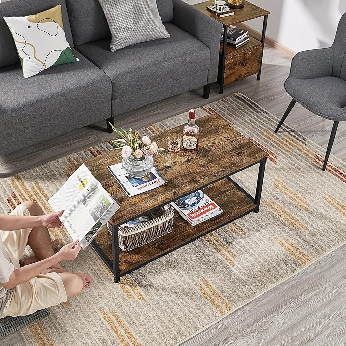 Yaheetech 2-Tier Coffee Table, Industrial Wood Coffee Table with Storage Shelf for Living Room, Rectangle Side End Table with Metal Frame, Rustic Brown