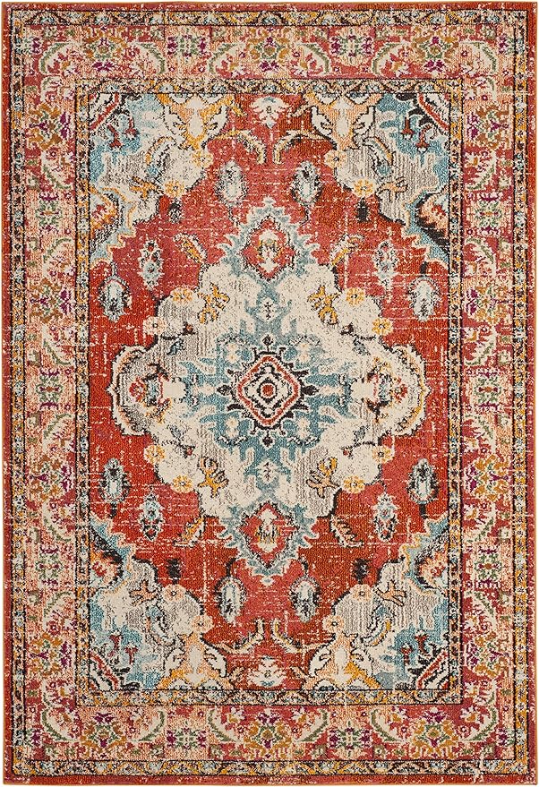 SAFAVIEH Monaco Collection Accent Rug - 4' x 5'7", Orange & Light Blue, Medallion Distressed Design, Non-Shedding & Easy Care, Ideal for High Traffic Areas in Entryway, Living Room, Bedroom (MNC243H)