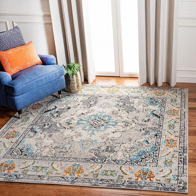 SAFAVIEH Monaco Collection Area Rug - 8'8" Square, Grey & Light Blue, Boho Chic Medallion Distressed Design, Non-Shedding & Easy Care, Ideal for High Traffic Areas in Living Room, Bedroom (MNC243G)