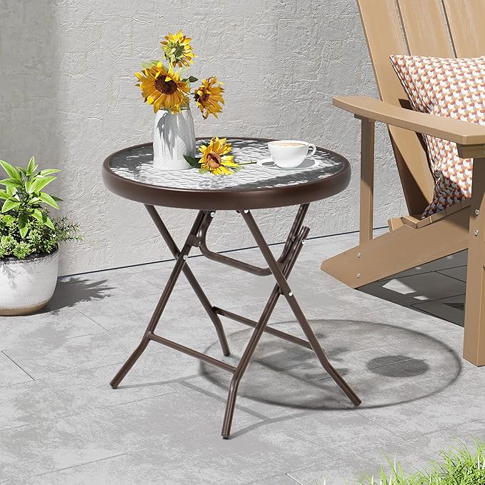 Foldable Side Table with Tempered Glass Top 18" Outdoor Folding Side Table Small Glass Patio Tables for Porch Yard Balcony Deck Lawn Dining Garden (Brown)