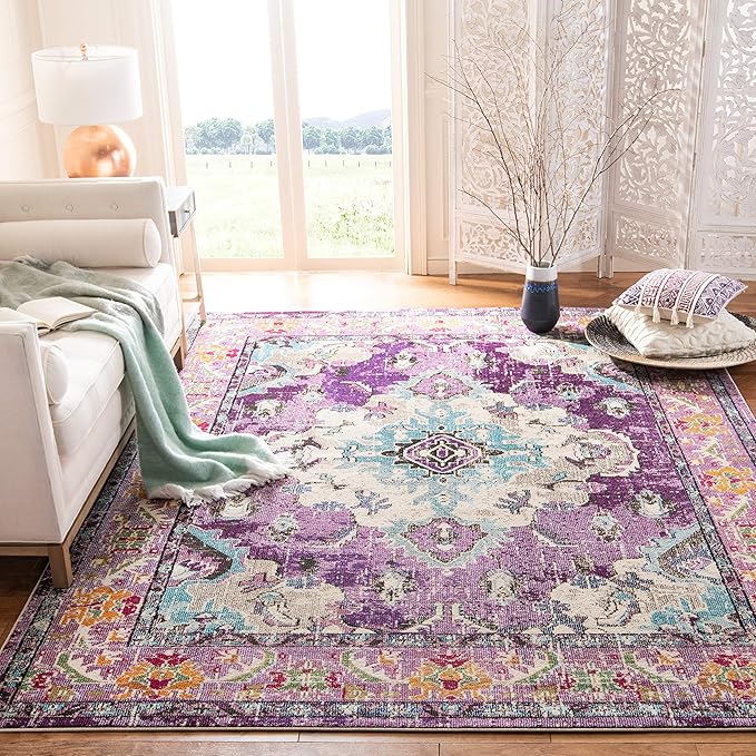 SAFAVIEH Monaco Collection Area Rug - 10' x 14', Violet & Light Blue, Boho Chic Medallion Distressed Design, Non-Shedding & Easy Care, Ideal for High Traffic Areas in Living Room, Bedroom (MNC243L)