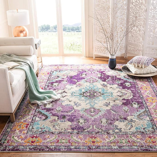 SAFAVIEH Monaco Collection Area Rug - 10' x 14', Violet & Light Blue, Boho Chic Medallion Distressed Design, Non-Shedding & Easy Care, Ideal for High Traffic Areas in Living Room, Bedroom (MNC243L)