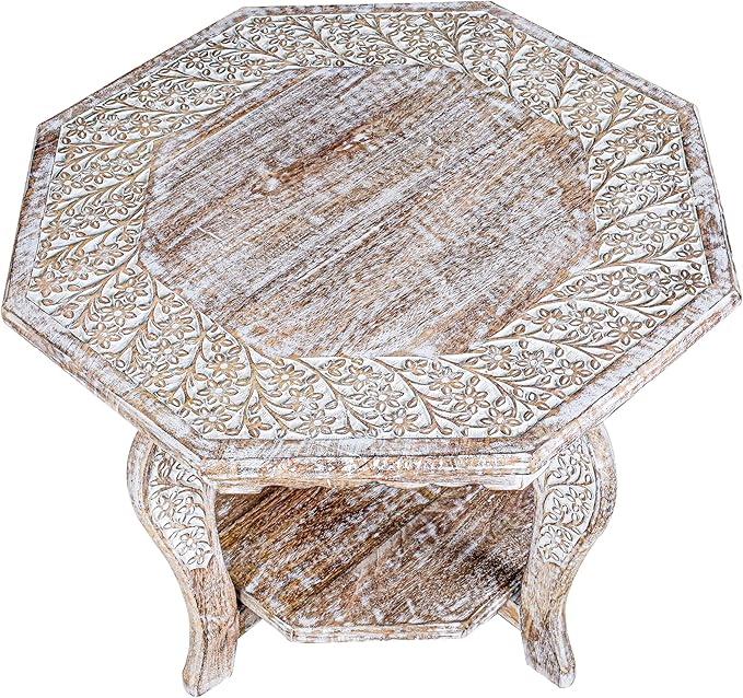 Farmhouse Carved Octagonal End Table – Rustic Accent Side Table with Hand Carved Floral Detailing, Portable Wood Tray Top, White Wash Finish, 24" Dai x 18" Height–Nightstand For Living Room,Bedroom