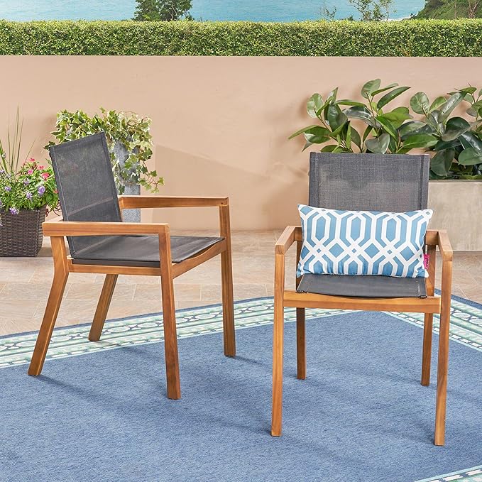 Merax Mesh Seating Solid Wood Dining Chairs Set of 2, French Country Style Accent Side Seating Furniture for Kitchen, Living Room, Textile Back,Teak