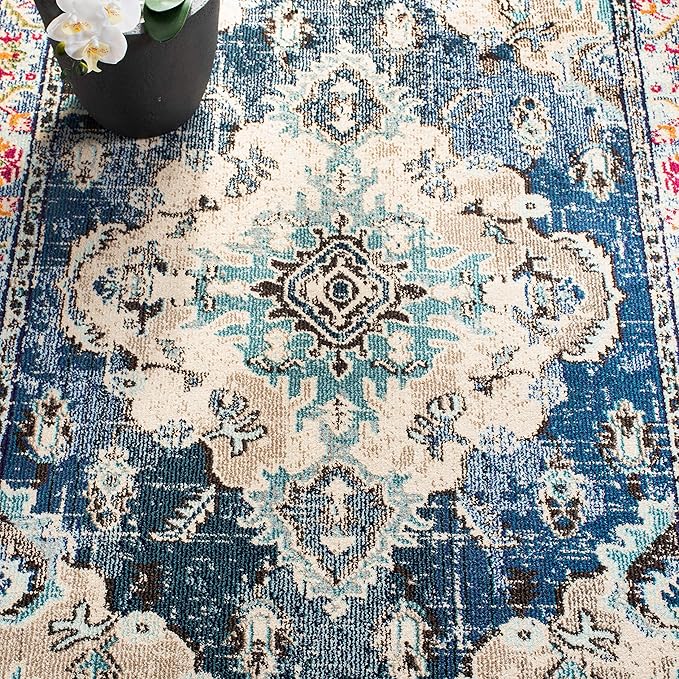 SAFAVIEH Monaco Collection X-Large Area Rug - 11' x 15', Navy & Light Blue, Medallion Distressed Design, Non-Shedding & Easy Care, Ideal for High Traffic Areas in Living Room, Bedroom (MNC243N)