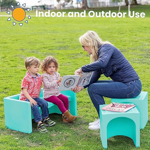 ECR4Kids Tri-Me Table and Cube Chair Set, Multipurpose Furniture, Aqua, 3-Piece