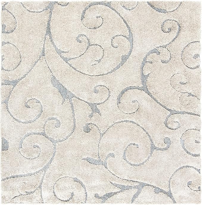 SAFAVIEH Florida Shag Collection Area Rug - 8' Square, Beige & Blue Grey, Scroll Design, Non-Shedding & Easy Care, 1.2-inch Thick Ideal for High Traffic Areas in Living Room, Bedroom (SG455-1155)