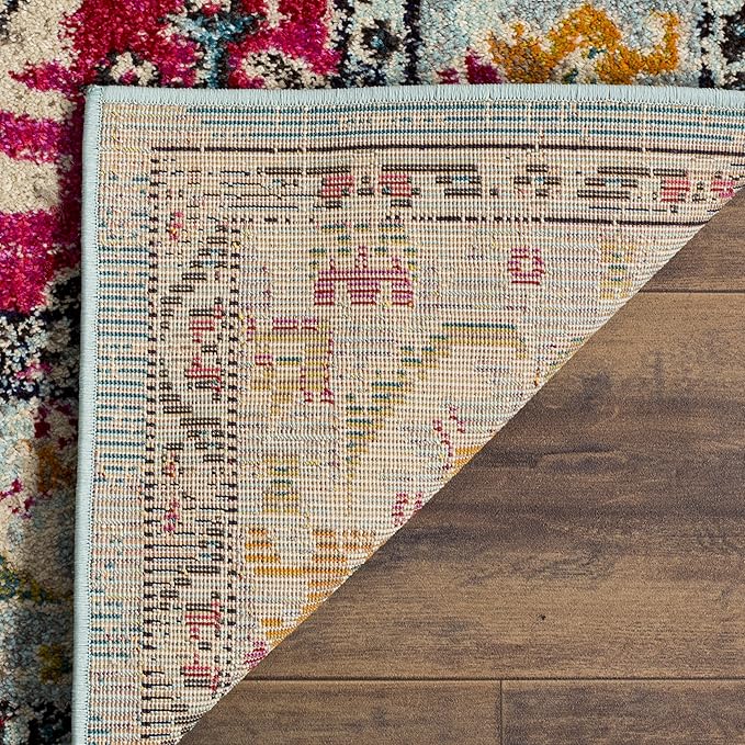 SAFAVIEH Monaco Collection Area Rug - 5'1" x 7'7", Light Blue & Fuchsia, Boho Chic Medallion Distressed Design, Non-Shedding & Easy Care, Ideal for High Traffic Areas in Living Room, Bedroom (MNC243J)