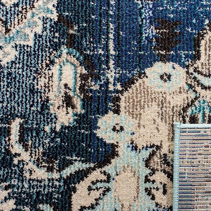 SAFAVIEH Monaco Collection Area Rug - 10' Square, Navy & Light Blue, Boho Chic Medallion Distressed Design, Non-Shedding & Easy Care, Ideal for High Traffic Areas in Living Room, Bedroom (MNC243N)