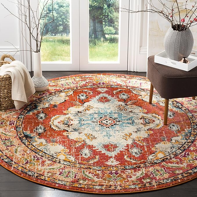 SAFAVIEH Monaco Collection Area Rug - 8' Round, Orange & Light Blue, Boho Chic Medallion Distressed Design, Non-Shedding & Easy Care, Ideal for High Traffic Areas in Living Room, Bedroom (MNC243H)