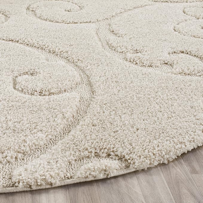 SAFAVIEH Florida Shag Collection Area Rug - 10' Round, Creme & Creme, Scroll Design, Non-Shedding & Easy Care, 1.2-inch Thick Ideal for High Traffic Areas in Living Room, Bedroom (SG455-1111)