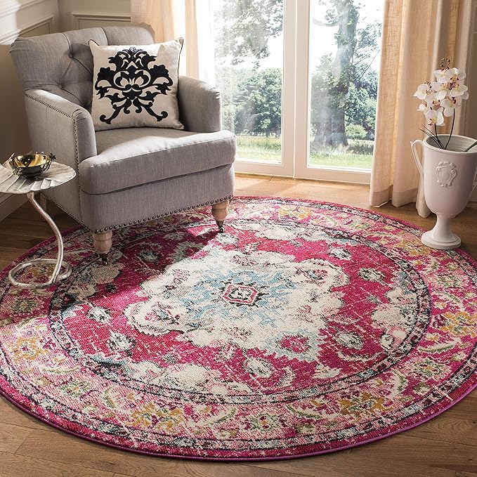SAFAVIEH Monaco Collection Area Rug - 4' Round, Pink & Multi, Boho Chic Medallion Distressed Design, Non-Shedding & Easy Care, Ideal for High Traffic Areas in Living Room, Bedroom (MNC243D)