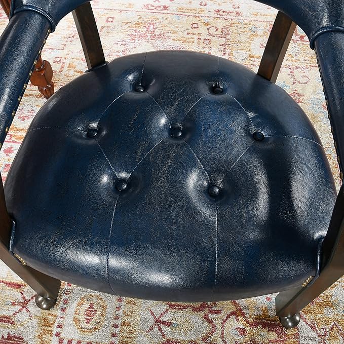 LEEMTORIG Large Dining Chairs with Casters and Arms, Rolling Dining Chairs with Wheels, Solid Wood Boss Caption's Chairs Office Desk Chairs, 26" D x 25.2" W, Espresso Legs & Dark Blue PU SY-318-LB