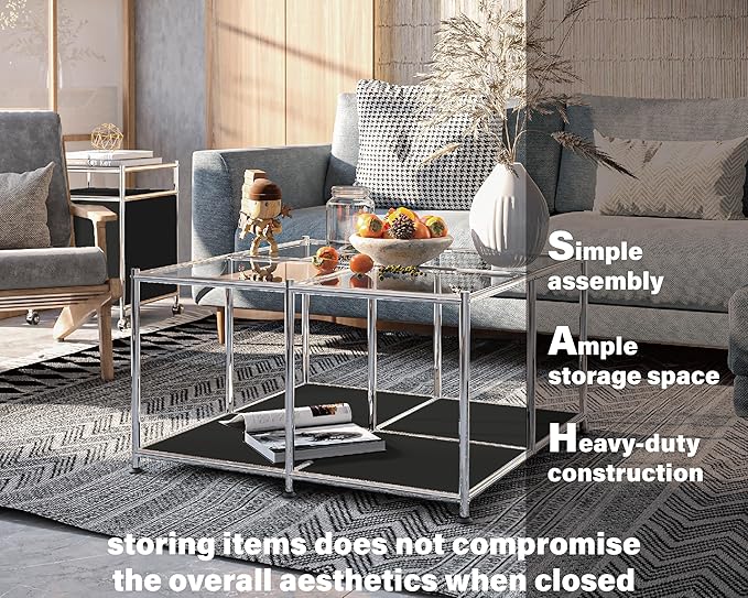 Matte Coffee Table with Open Storage, Square Tempered Glass Storage Rolling Coffee Table, Modern Design for Living Room, Meeting Room (Black)