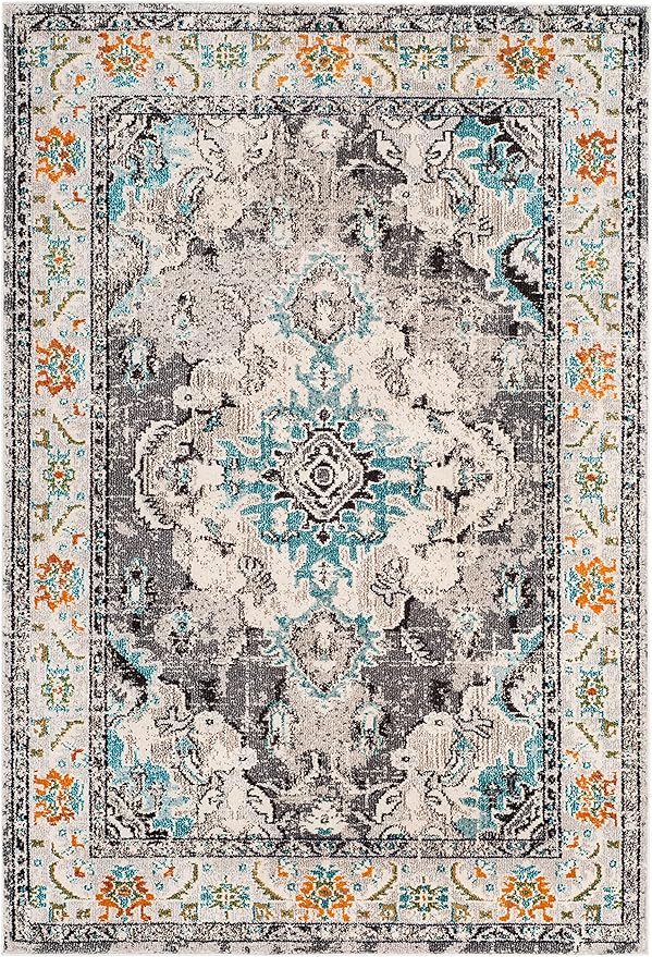 SAFAVIEH Monaco Collection Area Rug - 5'1" x 7'7", Grey & Light Blue, Boho Chic Medallion Distressed Design, Non-Shedding & Easy Care, Ideal for High Traffic Areas in Living Room, Bedroom (MNC243G)