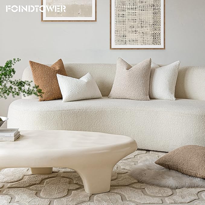 Foindtower Pack of 2 Textured Boucle Throw Pillow Covers Accent Solid Lumbar Pillow Cases Cozy Soft Decorative Couch Cushion Case for Chair Sofa Bedroom Living Room Home Decor, 12 x 20 Inch,White