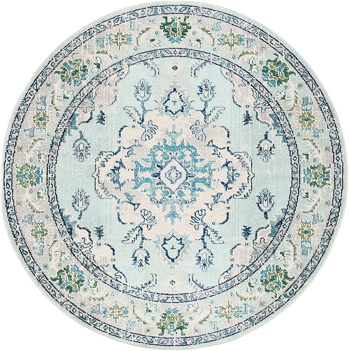 SAFAVIEH Monaco Collection Area Rug - 6'7" Round, Light Blue & Ivory, Boho Chic Medallion Distressed Design, Non-Shedding & Easy Care, Ideal for High Traffic Areas in Living Room, Bedroom (MNC243K)