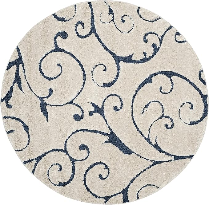 SAFAVIEH Florida Shag Collection 10' Round Cream/Blue SG455 Scrolling Vine Graceful Swirl Textured Non-Shedding Living Room Bedroom Dining Room Entryway Plush 1.2-inch Thick Area Rug