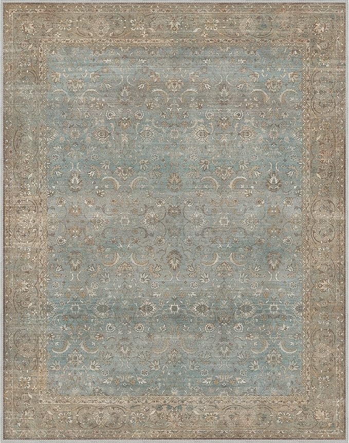 8X10 Area Rugs Machine Washable Rugs for Living Room, Vintage Boho Large Rugs for Bedroom Dining Room, Non Slip Indoor Soft Distressed Lightweight Thin Low Pile Carpet, Weathered Teal
