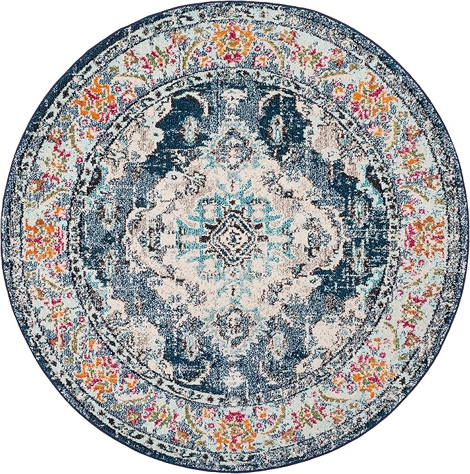 SAFAVIEH Monaco Collection Area Rug - 3' Round, Navy & Light Blue, Boho Chic Medallion Distressed Design, Non-Shedding & Easy Care, Ideal for High Traffic Areas in Living Room, Bedroom (MNC243N)