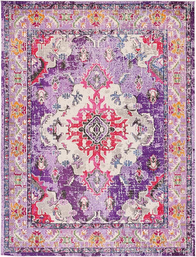 SAFAVIEH Monaco Collection Area Rug - 8' x 10', Violet & Fuchsia, Boho Chic Medallion Distressed Design, Non-Shedding & Easy Care, Ideal for High Traffic Areas in Living Room, Bedroom (MNC243P)