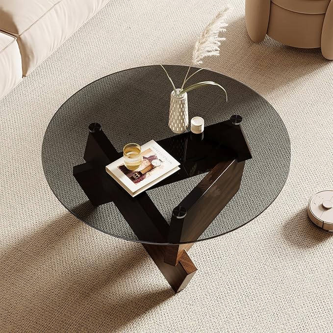 Honyee Morden Rounded Coffee Table, 30.7" x 30.7" x 16.1" Tempered Glass Top for Living Room, Color: Walnut