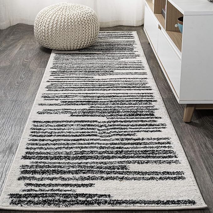 JONATHAN Y Khalil Modern Berber Stripe Cream/Black Runner Rug, 2x14, Contemporary, Bohemian, Easy-Cleaning for Living Room, Bedroom, Kitchen, Pet Friendly, Non-Shedding (MOH207A-214)
