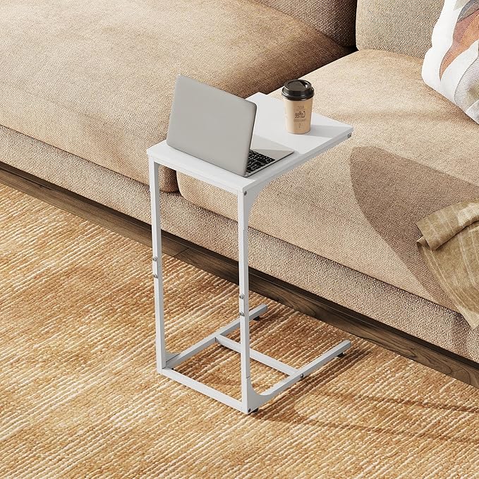 WLIVE C Shaped End Table, Small Couch Side Tables with Metal Frame, Sofa Table TV Tray for Living Room, Bedroom, White