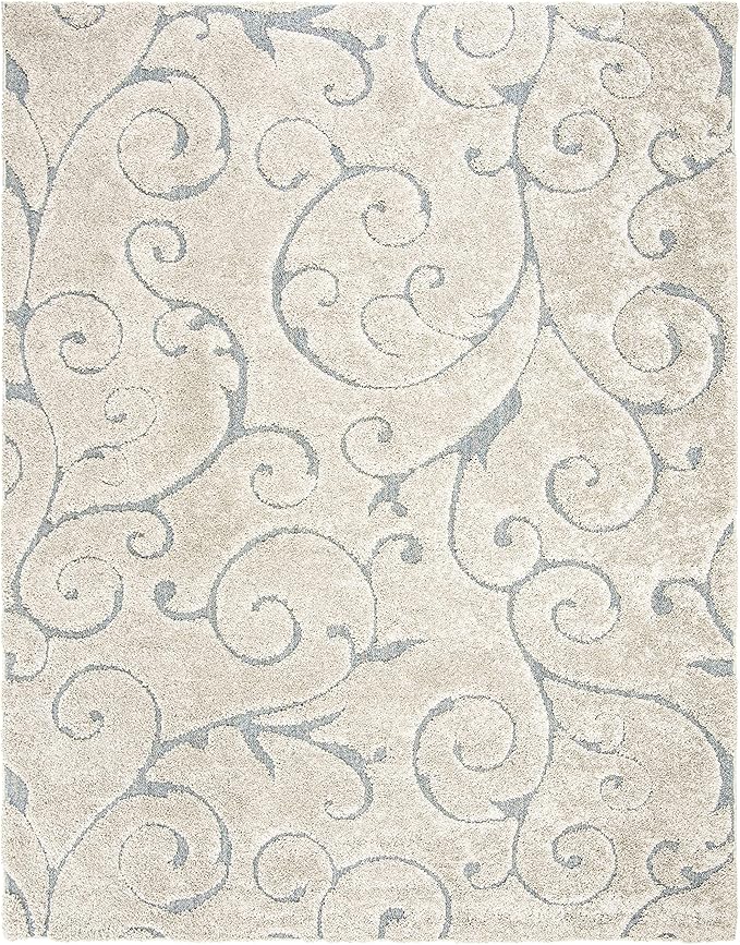 SAFAVIEH Florida Shag Collection Area Rug - 5'3" x 7'6", Beige & Blue Grey, Scroll Design, Non-Shedding & Easy Care, 1.2-inch Thick Ideal for High Traffic Areas in Living Room, Bedroom (SG455-1155)