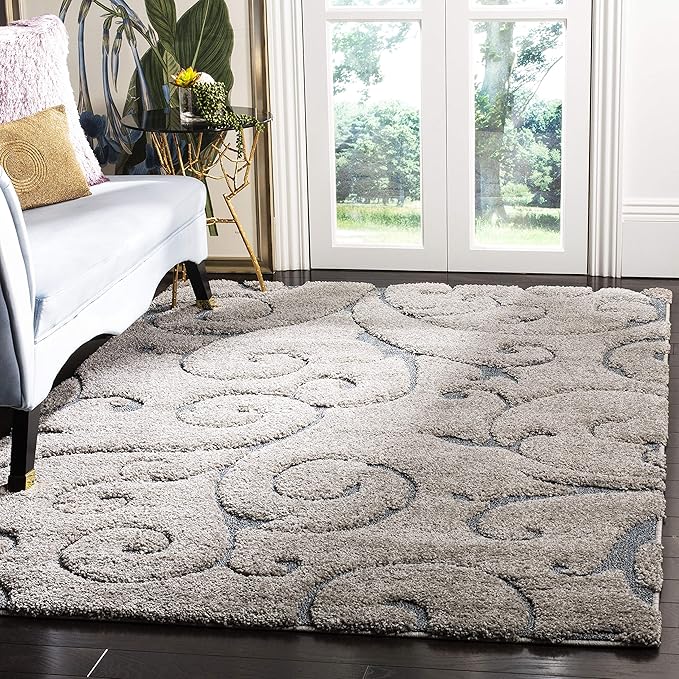 SAFAVIEH Florida Shag Collection Accent Rug - 2'3" x 5', Grey & Light Blue, Scroll, Non-Shedding & Easy Care, 1.2-inch Thick Ideal for High Traffic Areas in Entryway, Living Room, Bedroom (SG455-1160)