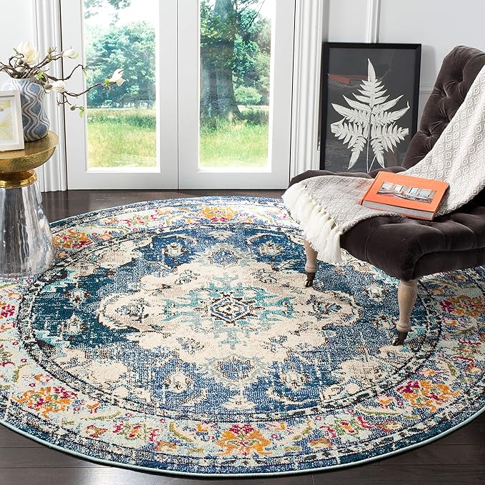 SAFAVIEH Monaco Collection Area Rug - 6'7" Round, Navy & Light Blue, Boho Chic Medallion Distressed Design, Non-Shedding & Easy Care, Ideal for High Traffic Areas in Living Room, Bedroom (MNC243N)