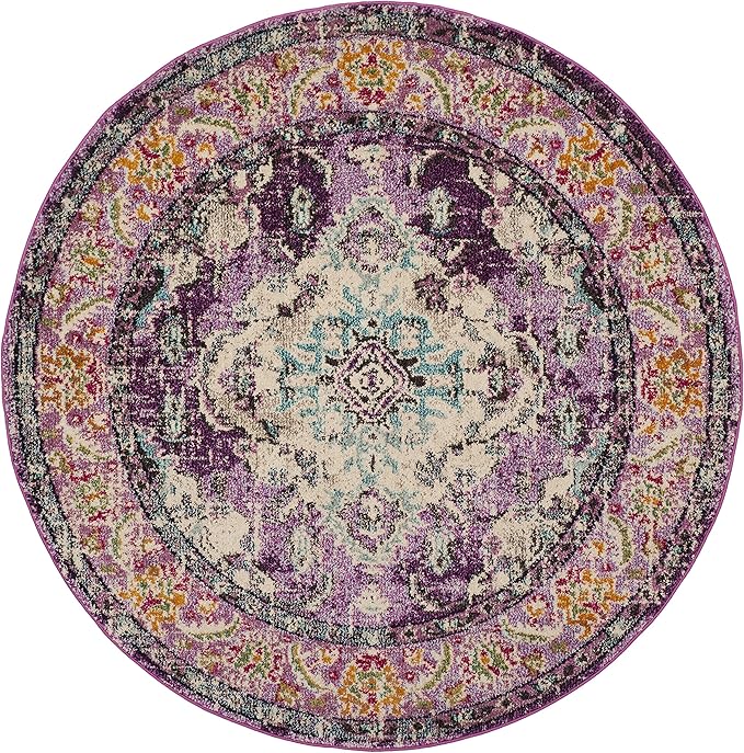 SAFAVIEH Monaco Collection Area Rug - 3' Round, Violet & Light Blue, Boho Chic Medallion Distressed Design, Non-Shedding & Easy Care, Ideal for High Traffic Areas in Living Room, Bedroom (MNC243L)
