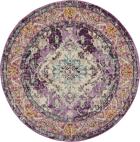 SAFAVIEH Monaco Collection Area Rug - 3' Round, Violet & Light Blue, Boho Chic Medallion Distressed Design, Non-Shedding & Easy Care, Ideal for High Traffic Areas in Living Room, Bedroom (MNC243L)
