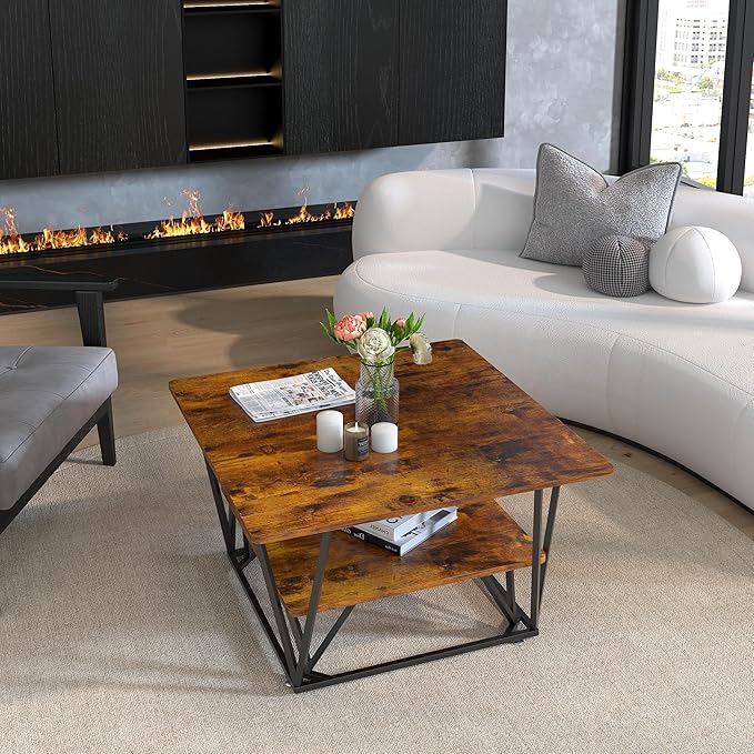 Elephance Square Coffee Table for Living Room, Modern 31.5" Two-Tier Caramel Brown Table with Wooden Top-Almond and Black Frame
