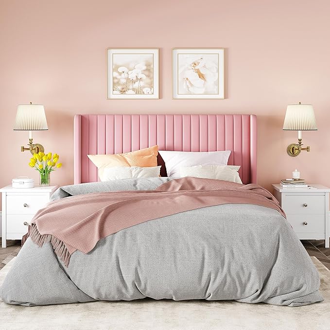 Allewie Full Size Velvet Bed Frame/Vertical Channel Tufted Wingback Headboard/Upholstered Platform Bed/Strong Wooden Slats/No Box Spring Needed/Easy Assembly/Pink