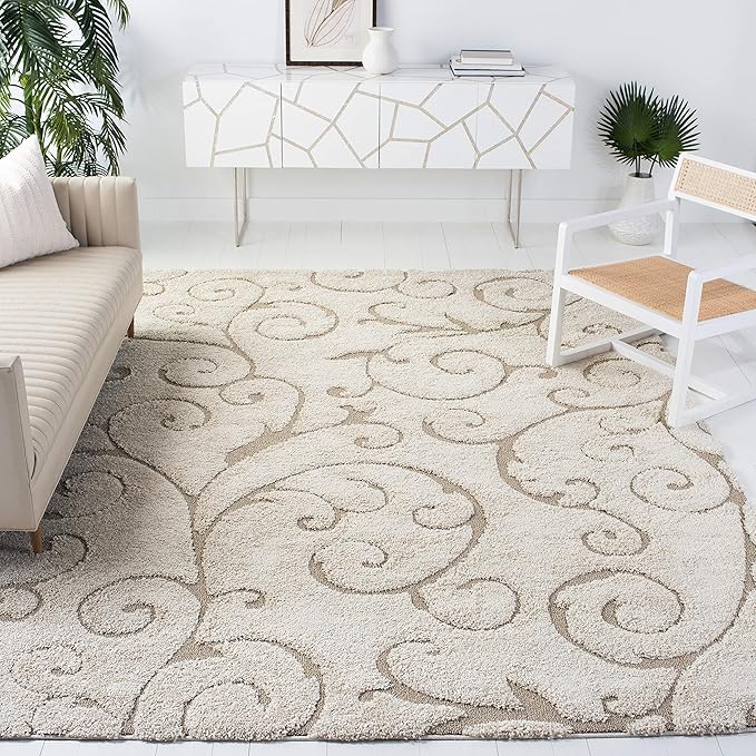 SAFAVIEH Florida Shag Collection Area Rug - 8'6" x 12', Cream & Beige, Scroll Design, Non-Shedding & Easy Care, 1.2-inch Thick Ideal for High Traffic Areas in Living Room, Bedroom (SG455-1113)