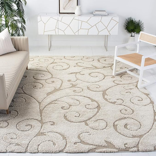 SAFAVIEH Florida Shag Collection Area Rug - 8'6" x 12', Cream & Beige, Scroll Design, Non-Shedding & Easy Care, 1.2-inch Thick Ideal for High Traffic Areas in Living Room, Bedroom (SG455-1113)